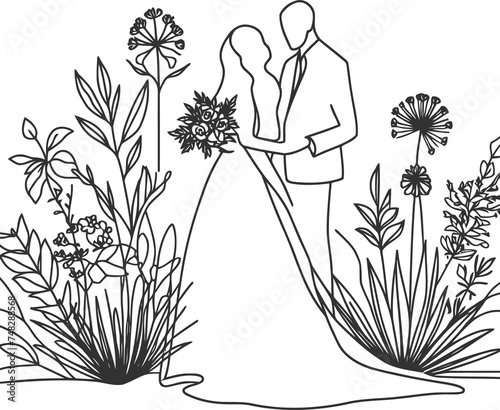 married, wedding continuous line drawing minimalist, simplicity contour, 