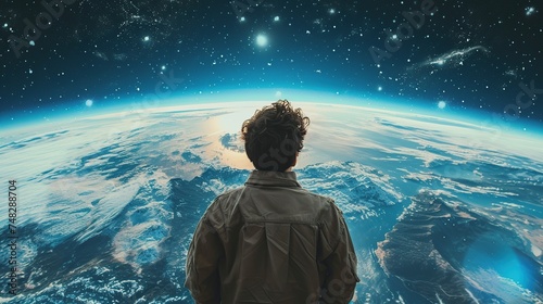 Shot of a young man looking down on Earth from outer space. © Obsidian