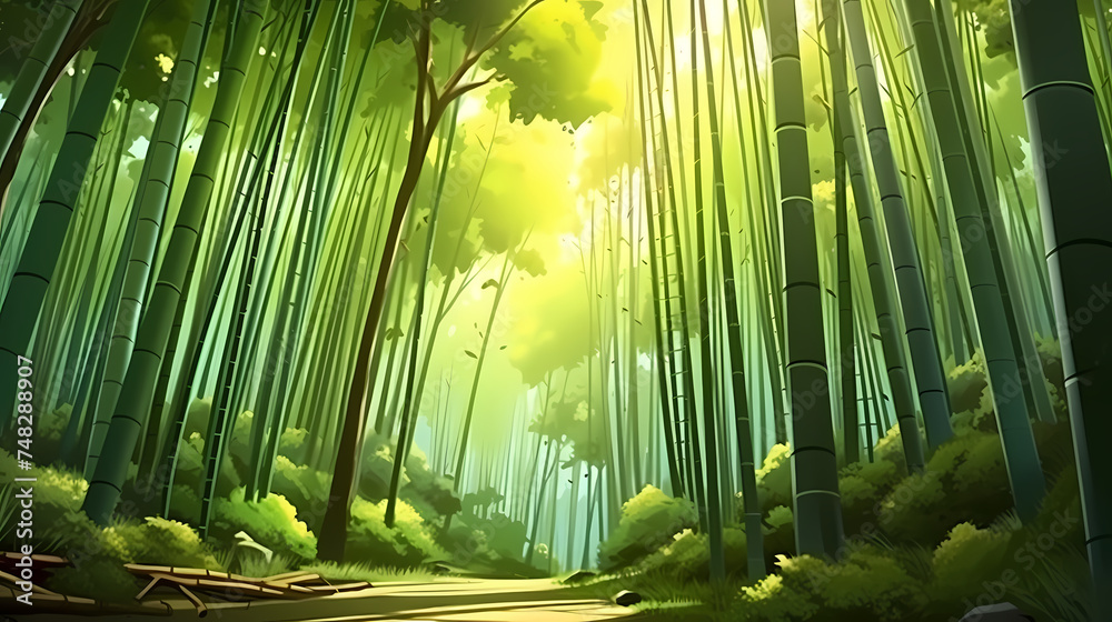 Fototapeta premium Bamboo forest, tall bamboo stalks, tranquil and Zen green background