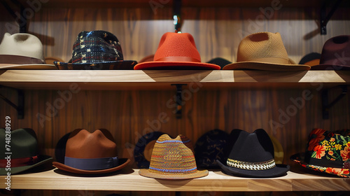 A collection of fashionable hats, including fedoras, beanies, and baseball caps, displayed on a shelf. photo