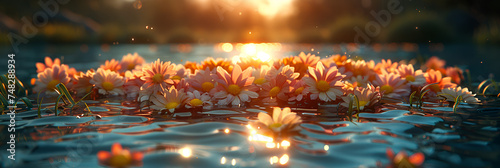 A bunch of flowers floating in a body of water 3d wallpaper, Tranquil lotus pond reflects beauty in nature