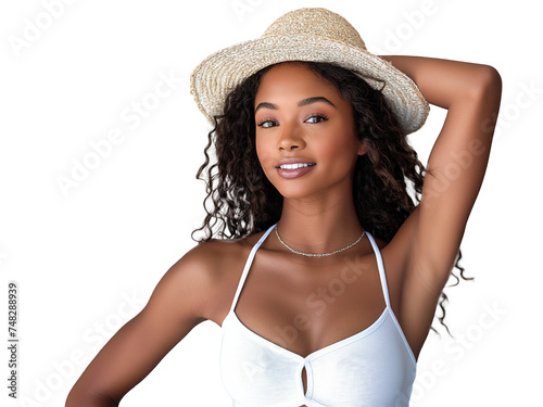 Imagem de estética e depilação: Linda jovem mostrando a pele lisa e perfeita em fundo transparente. photo