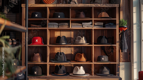 A collection of fashionable hats, including fedoras, beanies, and baseball caps, displayed on a shelf.