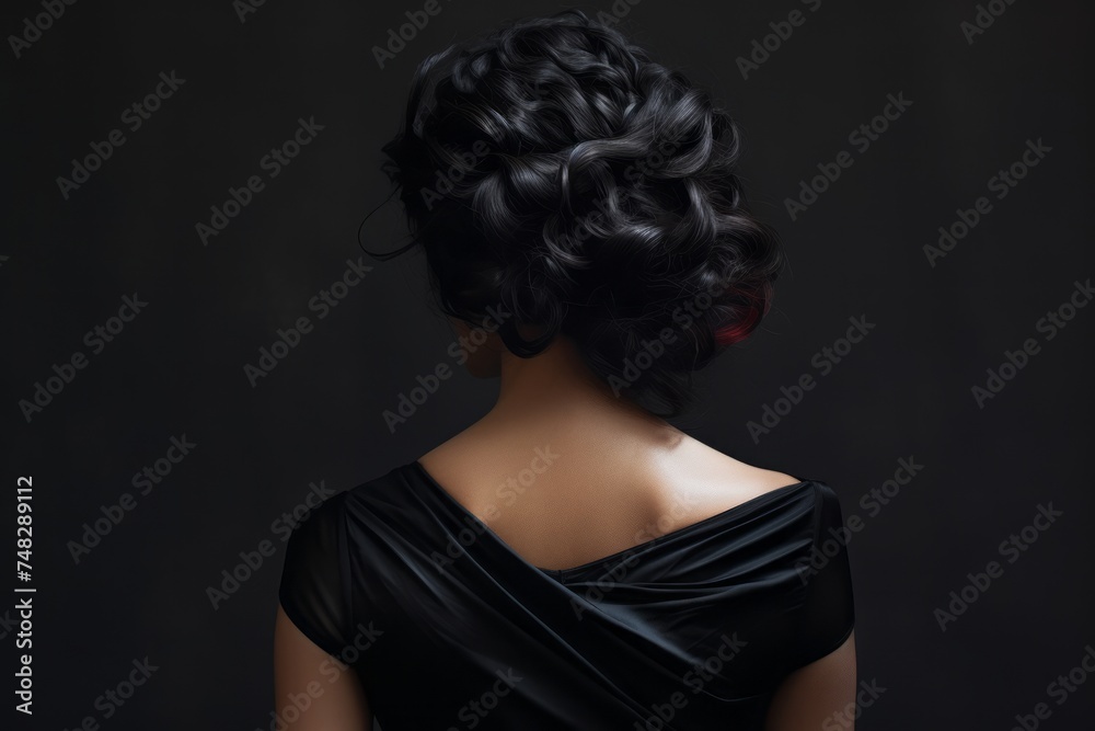 Rear view of a girl with flowing long black hair, care and hair care concept