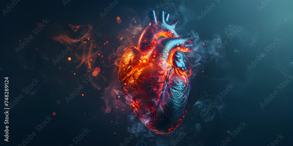  Abstract view of human heart. Concept of cardiology innovative technology and heart disease treatment. Human heart with cardiogram. Emergency ECG monitoring concept  