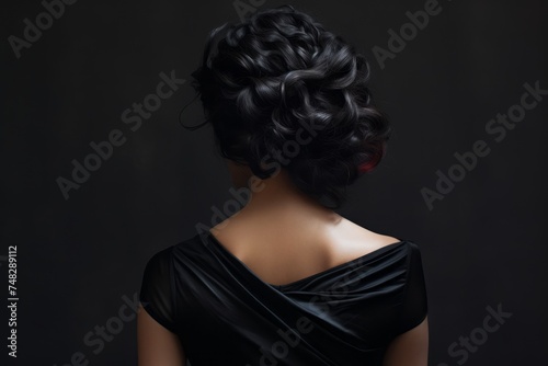 Rear view of a girl with flowing long black hair, care and hair care concept