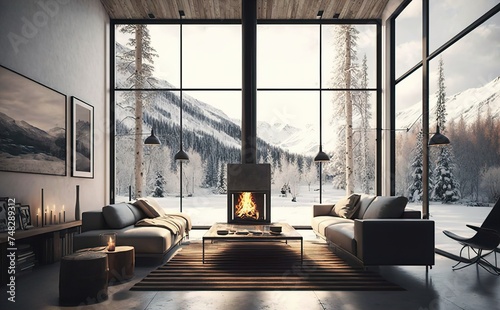 Modern Mountain Chalet - Cozy Fireplace Ambiance with Snow