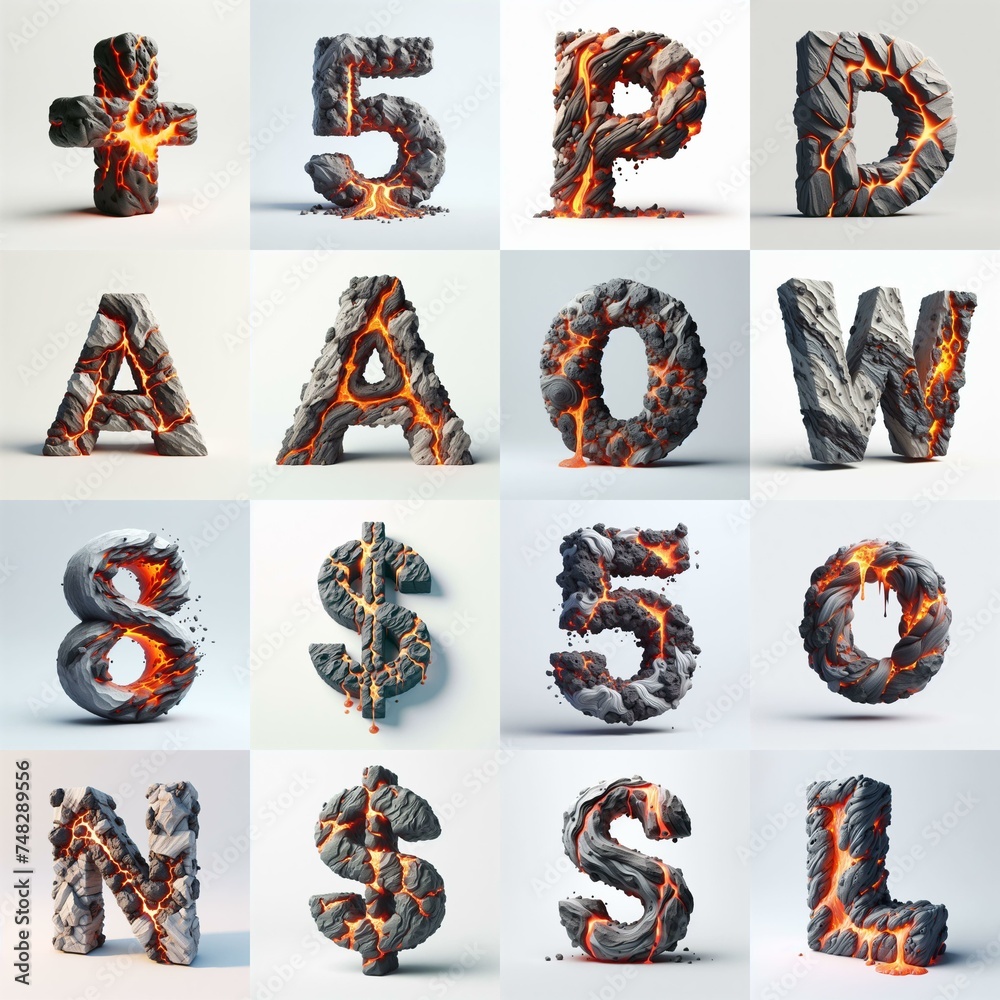 Fototapeta premium Raw stone and lava 3D Lettering Typeface. AI generated illustration