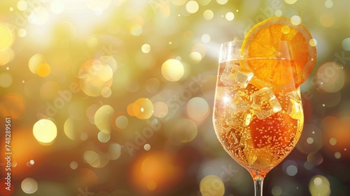 Sparkling cocktail with orange slice - Festive sparkling cocktail with an orange slice and ice in a glass, set against a bokeh light background