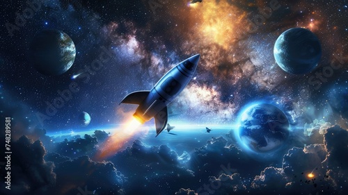 Space rocket cruising through the cosmos - A beautifully  scene of a space rocket cruising through a vibrant and colorful cosmic environment