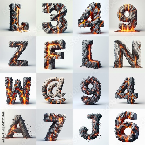 Raw stone and lava 3D Lettering Typeface. AI generated illustration © vector_master