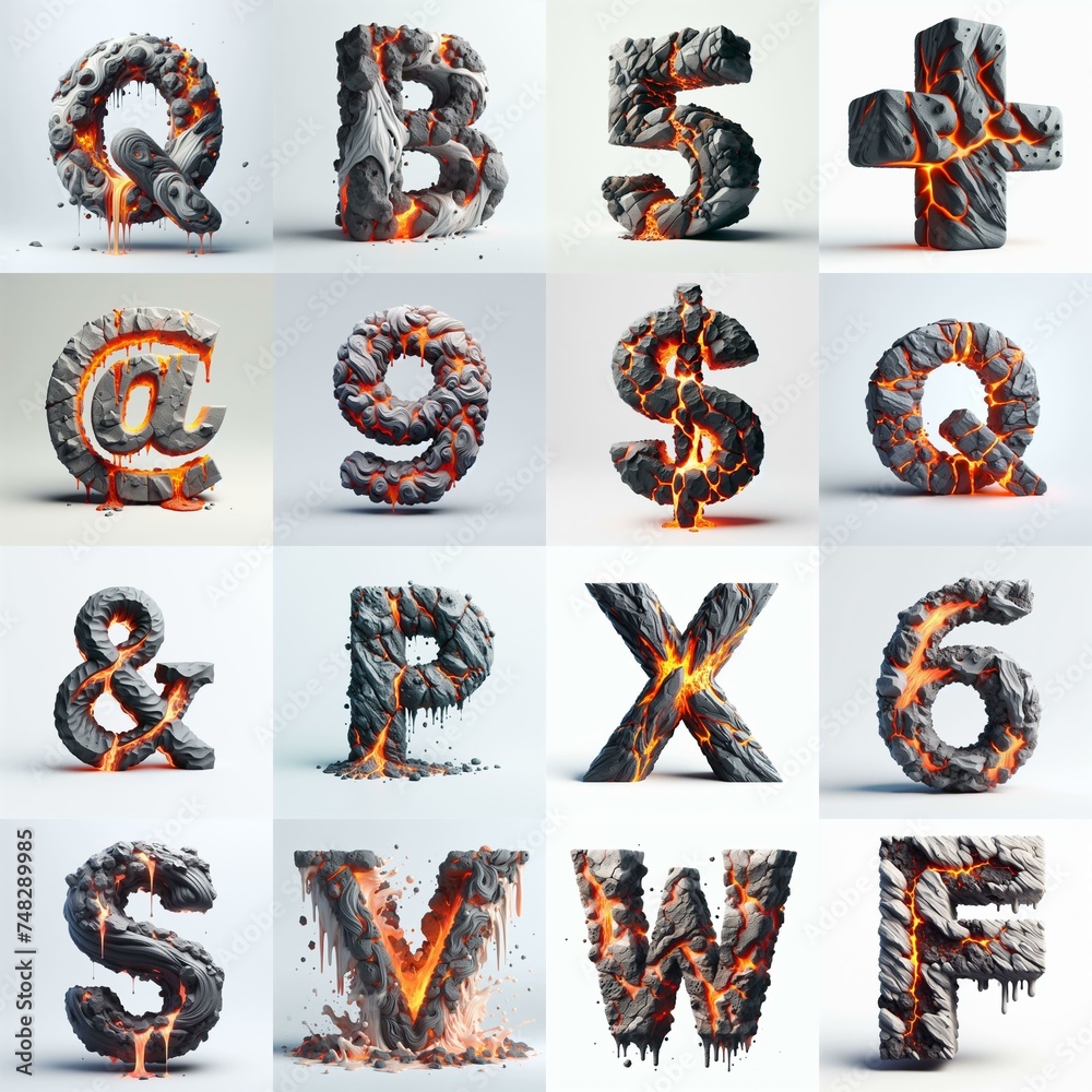 Fototapeta premium Raw stone and lava 3D Lettering Typeface. AI generated illustration