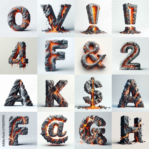 Raw stone and lava 3D Lettering Typeface. AI generated illustration © vector_master