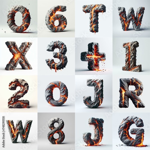Raw stone and lava 3D Lettering Typeface. AI generated illustration