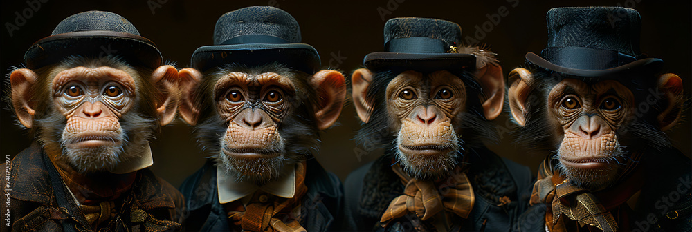 Monkeys in top hats 3d image background,
three black monkeys statue, closes eye, mouth, ear.




 