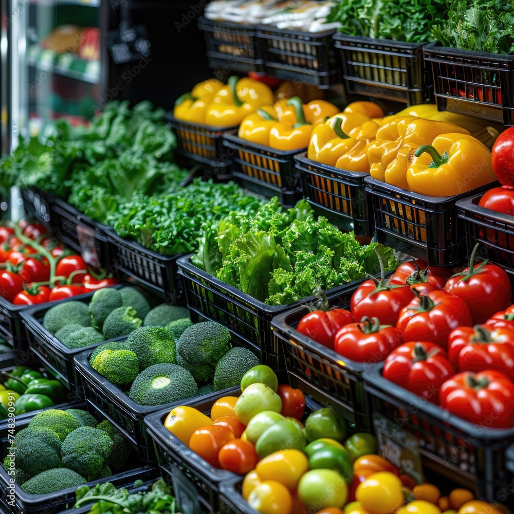 A supermarket in the vegetable section. Rows of neatly arranged fresh produce