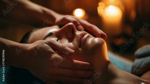 A woman receiving a relaxing facial massage in a candlelit at spa, epitomizing ultimate relaxation, ideal for promoting beauty treatments.