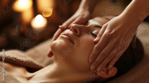 A woman receiving a relaxing facial massage in a candlelit at spa  epitomizing ultimate relaxation  ideal for promoting beauty treatments.