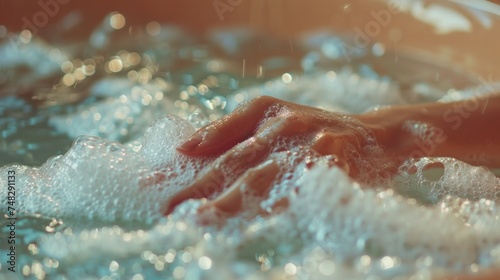 Close-up of hand soaked in water with foamy surface.