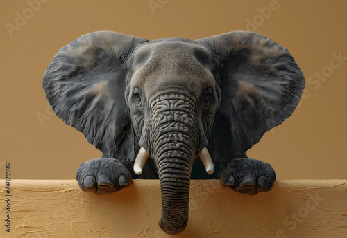 African Elephant Emerging From a Wall in a Surreal Indoor Display. AI.