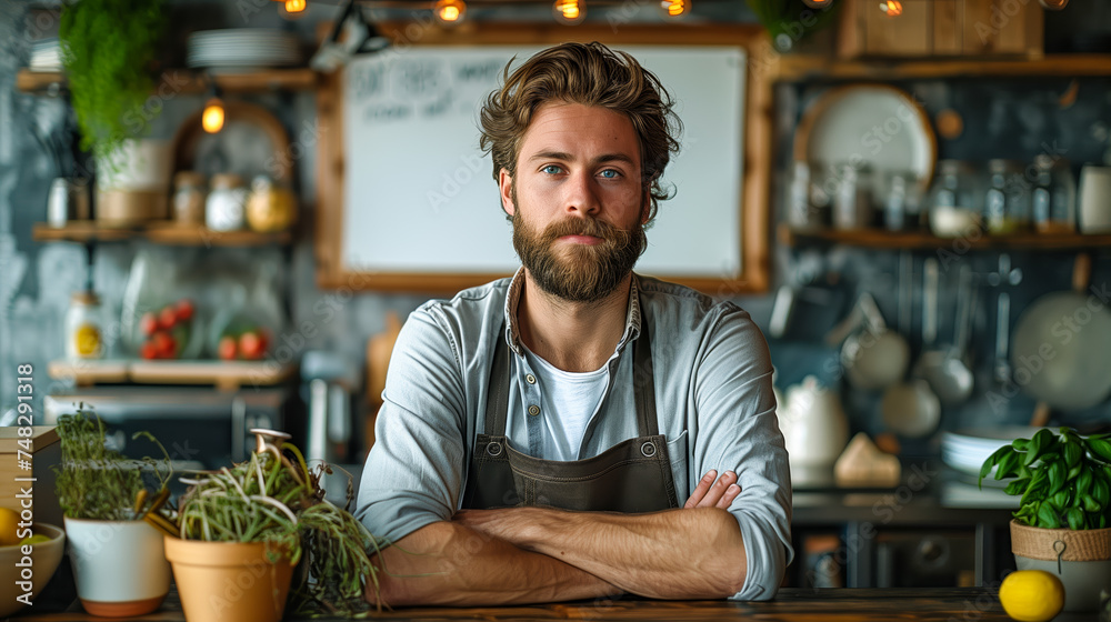 kitchen young man with Tattoo. There is an empty area for additional items or writing space. kitchen young man with Tattoo. There is an empty area for additional items or writing space.
