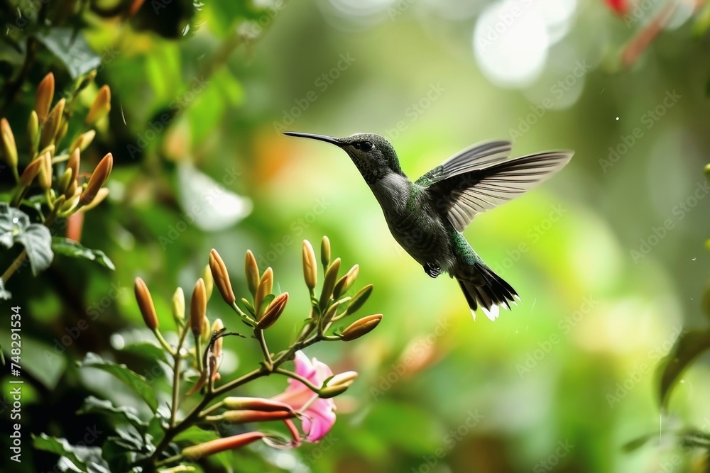 A hummingbird in flight looking for nectar in the jungle. A hummingbird in flight looking for nectar in the jungle.