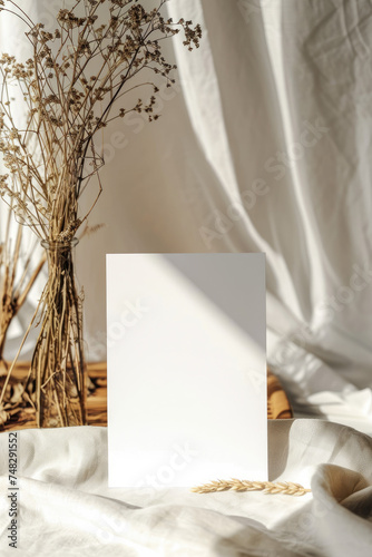 artistic frame canvas a4 paper invitation poster mock up in a whimsical studio setting / floral vintage artists desk atelier bohemian style with natural light and shadows editorial style