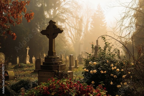 A romantic graveyard in misty light with beutiful gravestones.