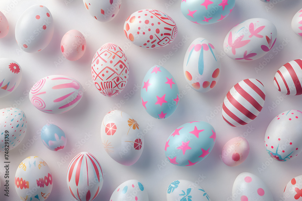 Pattern of beautifully and aesthetically decorated Easter eggs on a light background. Top view.