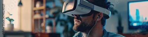 focused man in a VR headset with a blurred background could represent the concentration required in virtual training programs, the immersion of personal entertainment, or the modern home-office setup
