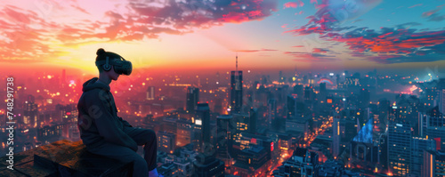 Seated on a rooftop at dusk, a person in a VR headset overlooks a cityscape, ideal for depicting urban exploration games, virtual travel experiences, or contemplative digital escapes.