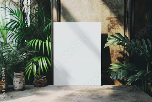 artistic frame canvas a4 paper invitation poster mock up in a whimsical studio setting / floral vintage artists desk atelier bohemian style with natural light and shadows editorial style