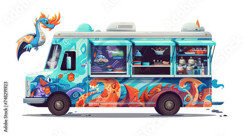 Fantasy Food Truck Festival: Food Trucks Serving Magical and Mythical Cuisine. Isolated Premium Vector. White Background
