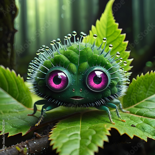 In a world of science fiction, imagine a giant germ with cute, innocent eyes perched on a leaf against a murky background. This unique creature embodies both wonder and fear, as its size and appearanc photo