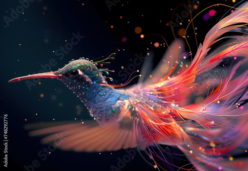 Magnificent Hummingbird in Flight Captured at Twilight With Sparkling Lights. AI.