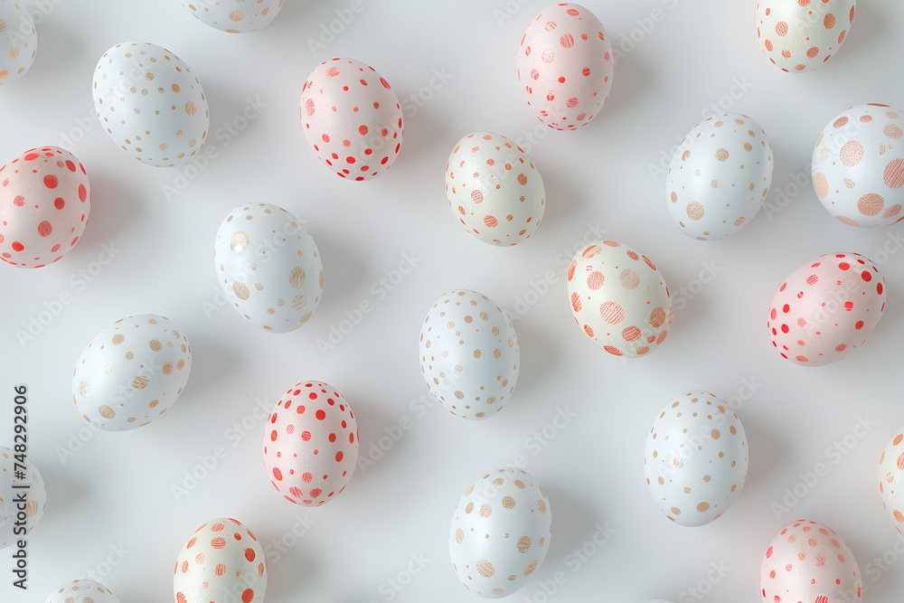 Pattern of beautifully and aesthetically decorated Easter eggs on a light background. Top view.