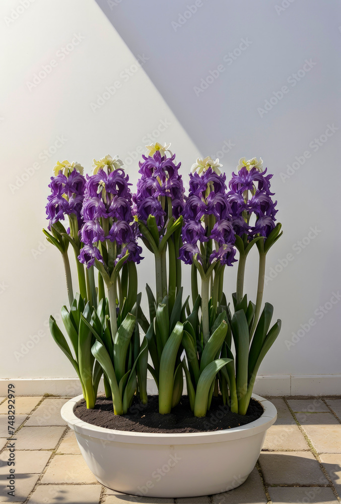 Spring city street scene with blooming hyacinths. Flower bed with purple hyacinths. Close-up. Spring city street scene with blooming hyacinths. Flower bed with purple hyacinths. Close-up.
