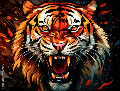 Head of a roaring tiger, graphic illustration with dynamic splash background. Wild angry predator. An aggressive feline animal. Close-up. © Marina_Nov