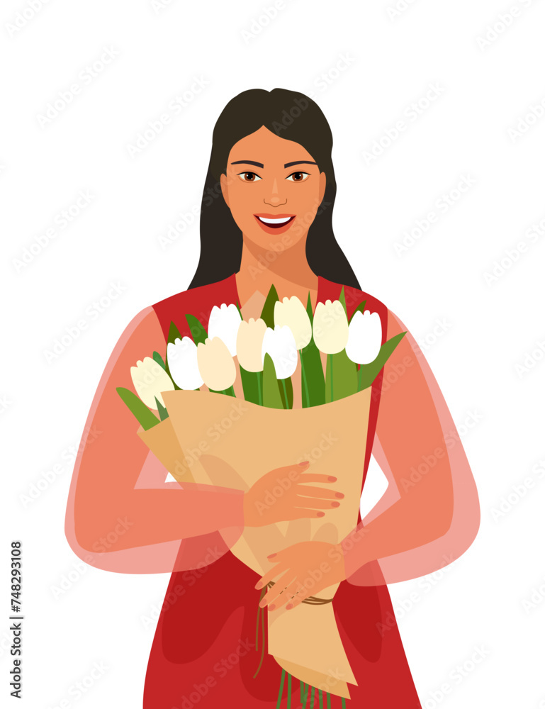A woman is holding a bouquet of white tulips. Greeting card for International Women's Day. Vector illustration. A woman is holding a bouquet of white tulips. Greeting card for International Women's Day. Vector illustration.