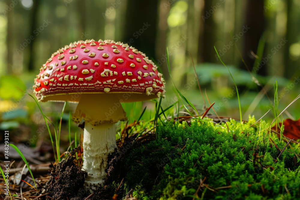 Fly agaric in the forest. Background with selective focus and copy space Fly agaric in the forest. Background with selective focus and copy space