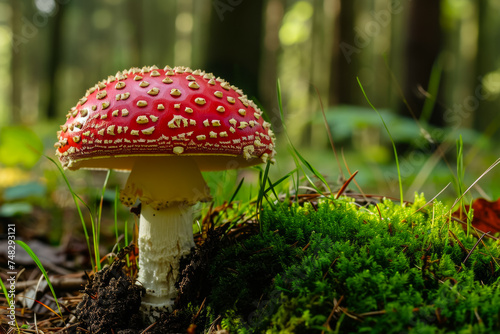 Fly agaric in the forest. Background with selective focus and copy space