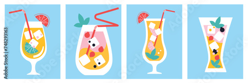 Cocktail bar. Alcoholic drinks set. Martini, tequila, whiskey. Menu design template. Happy Hour. Vector. 