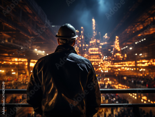 Back view of a engineer or factory worker standing in front of a factory at night. © Darcraft