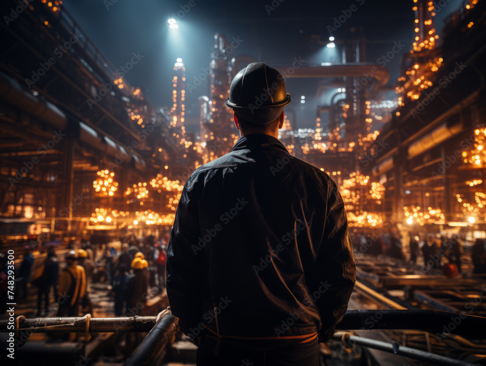 Back view of a engineer or factory worker standing in front of a factory at night.