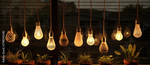 Several beautiful light bulbs, decorated and hanging from a wire, create a modern and stylish display. The bulbs are suspended off wooden and clay pots in a unique design.