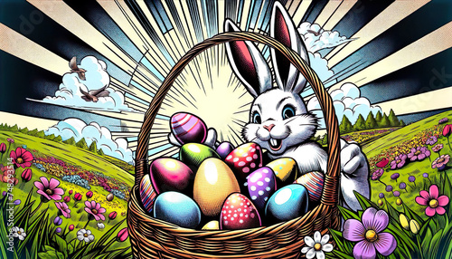A whimsical cartoon rabbit sits beside a basket brimming with colorful Easter eggs