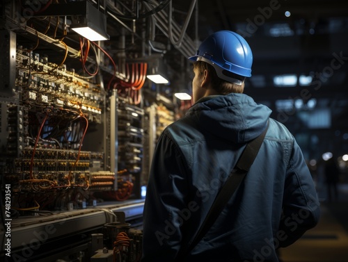 Back view of a engineer or factory worker standing in front of a factory at night.