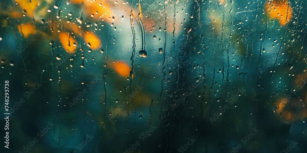 rain window autumn park branches leaves yellow / abstract autumn background, landscape in a rainy window, weather October rain. - obrazy, fototapety, plakaty 