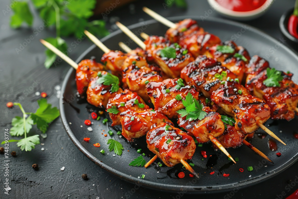 Grilled Chicken Skewers with Seasoning on a Dark Plate Grilled Chicken Skewers with Seasoning on a Dark Plate