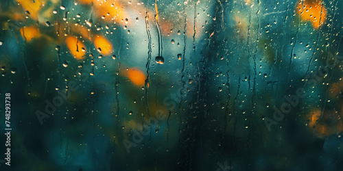 rain window autumn park branches leaves yellow / abstract autumn background, landscape in a rainy window, weather October rain. photo